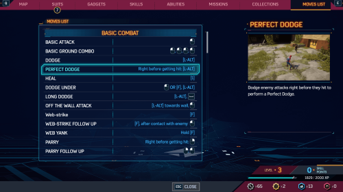 Moves List screenshot of Marvel’s Spider-Man 2 video game interface.