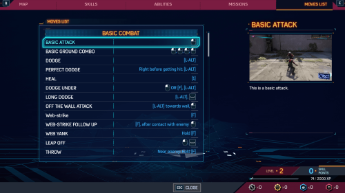 Moves List screenshot of Marvel’s Spider-Man 2 video game interface.