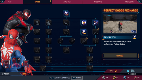 Skill Tree screenshot of Marvel’s Spider-Man 2 video game interface.