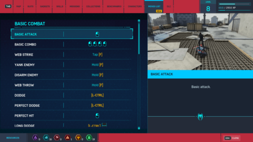 Moves List screenshot of Marvel’s Spider-Man video game interface.