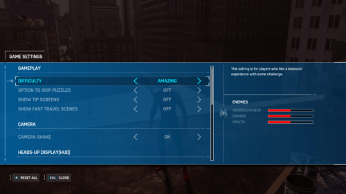 Settings screenshot of Marvel’s Spider-Man video game interface.