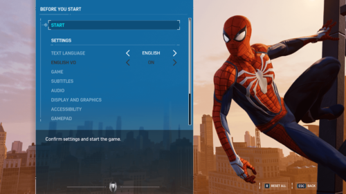Settings screenshot of Marvel’s Spider-Man video game interface.