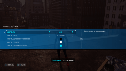 Subtitles screenshot of Marvel’s Spider-Man video game interface.