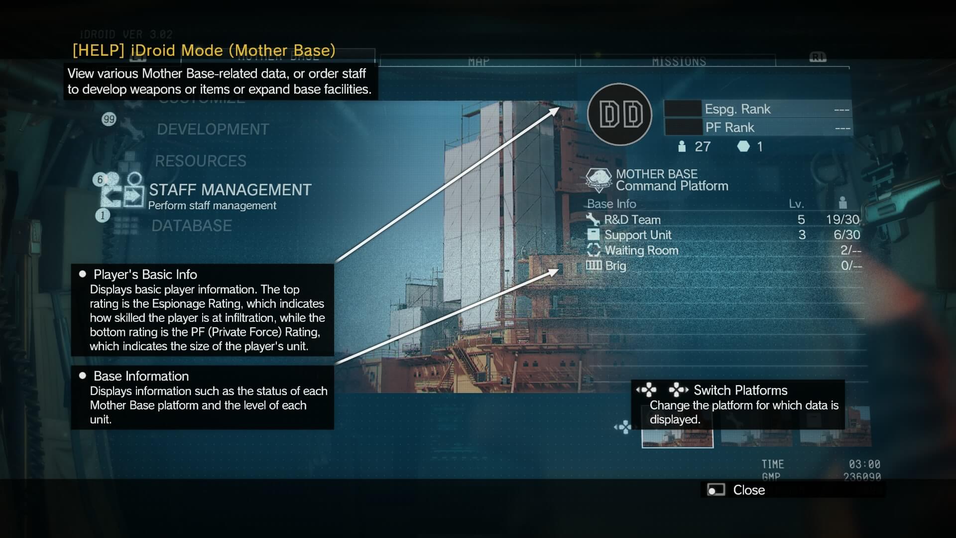 Tutorial screenshot of Metal Gear Solid V: The Phantom Pain video game interface.