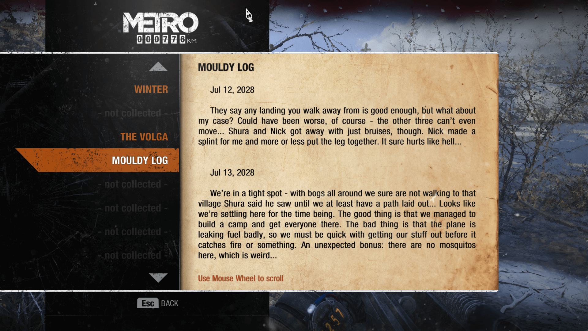 Log screenshot of Metro Exodus video game interface.