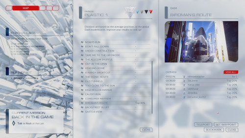 Player Info, division by route record screenshot of Mirror’s Edge Catalyst video game interface.
