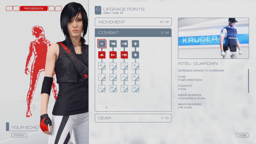 Progression screenshot of Mirror’s Edge Catalyst video game interface.