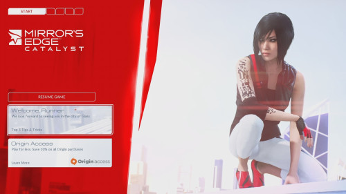 Start screenshot of Mirror’s Edge Catalyst video game interface.