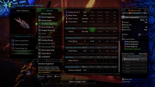 Customize bowgun screenshot of Monster Hunter: World video game interface.