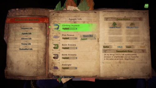 Endemic life field guide screenshot of Monster Hunter: World video game interface.