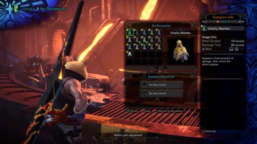 Equipped decorations screenshot of Monster Hunter: World video game interface.