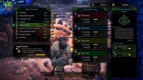 Fertilize screenshot of Monster Hunter: World video game interface.
