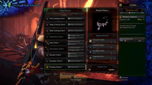 Forge charms screenshot of Monster Hunter: World video game interface.