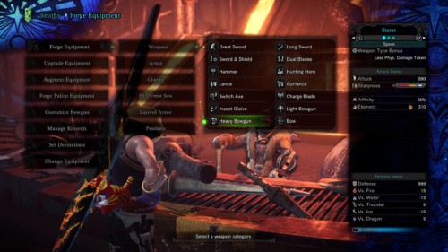 Forge equipment screenshot of Monster Hunter: World video game interface.