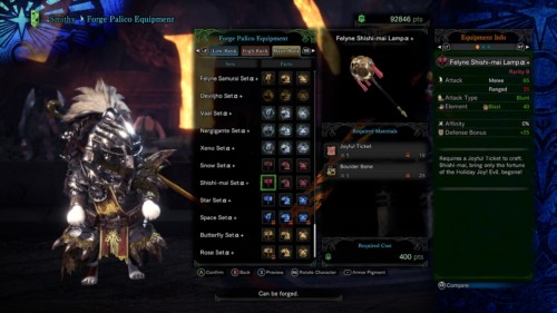 Forge palico equipment screenshot of Monster Hunter: World video game interface.