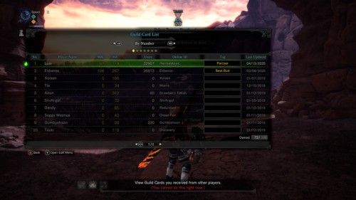 Guild card list screenshot of Monster Hunter: World video game interface.