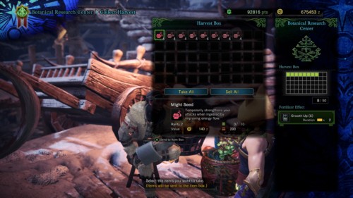 Harvest box screenshot of Monster Hunter: World video game interface.