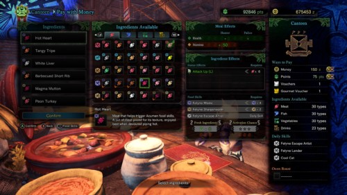 Ingredients available screenshot of Monster Hunter: World video game interface.
