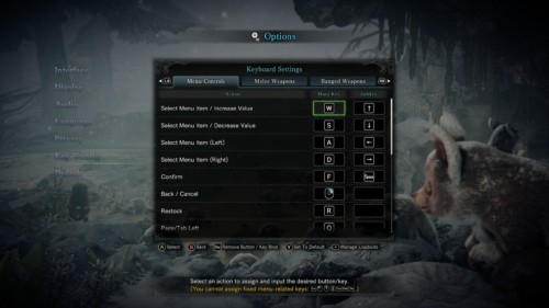 Key config screenshot of Monster Hunter: World video game interface.
