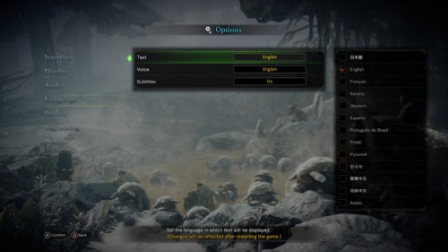 Language screenshot of Monster Hunter: World video game interface.