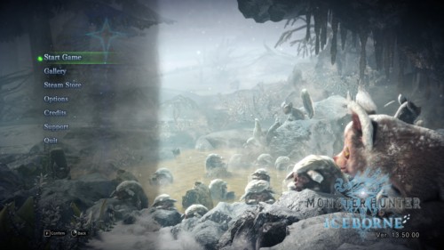 Main menu screenshot of Monster Hunter: World video game interface.