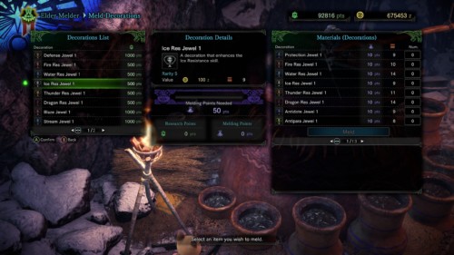 Meld decorations screenshot of Monster Hunter: World video game interface.
