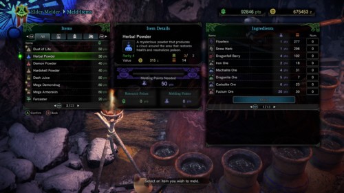 Meld items screenshot of Monster Hunter: World video game interface.