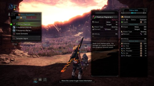Palico equipment screenshot of Monster Hunter: World video game interface.