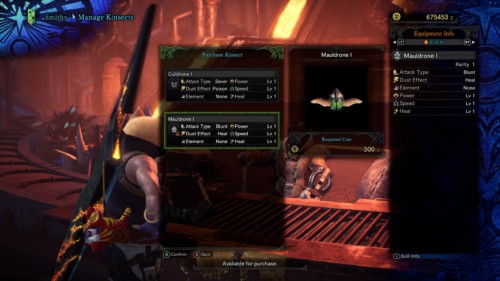 Purchase kinsect screenshot of Monster Hunter: World video game interface.