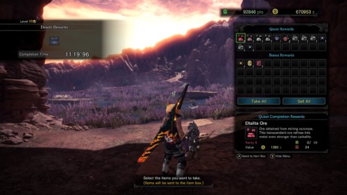 Quest rewards screenshot of Monster Hunter: World video game interface.