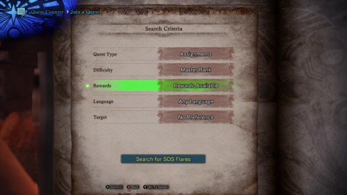 Search criteria screenshot of Monster Hunter: World video game interface.