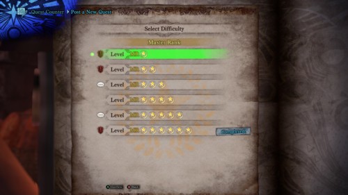 Select difficulty screenshot of Monster Hunter: World video game interface.