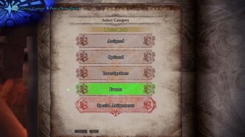 Select quest category screenshot of Monster Hunter: World video game interface.