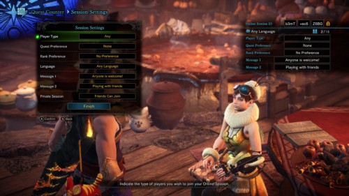 Session settings screenshot of Monster Hunter: World video game interface.