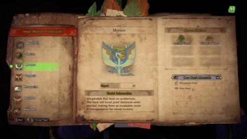 Small monster field guide screenshot of Monster Hunter: World video game interface.