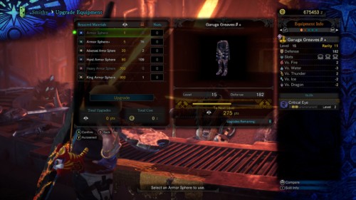 Upgrade armor sphere screenshot of Monster Hunter: World video game interface.