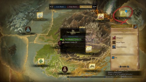 World map screenshot of Monster Hunter: World video game interface.
