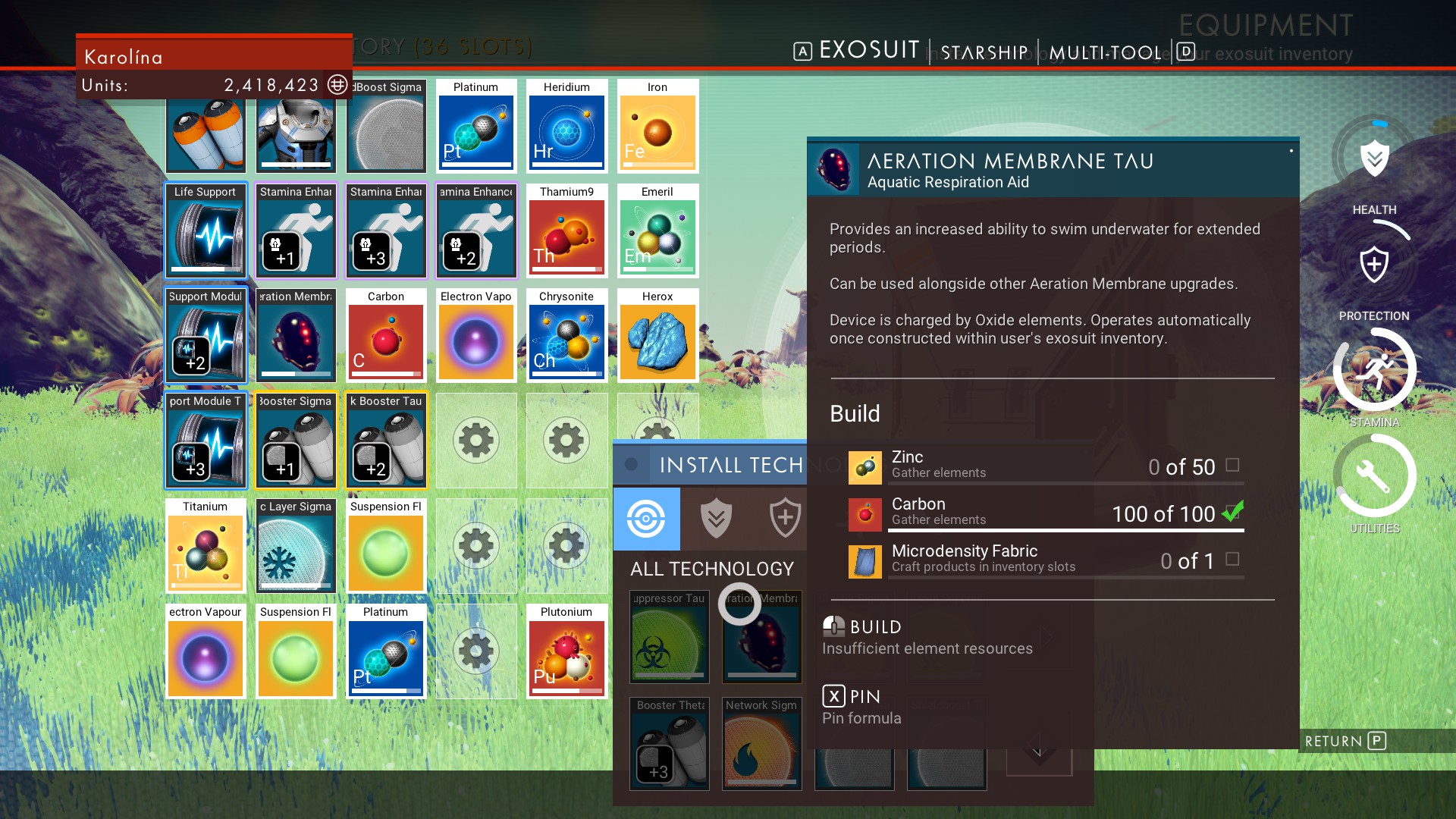 Inventory screenshot of No Man’s Sky video game interface.