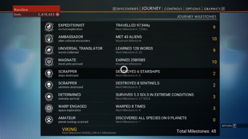 Stats screenshot of No Man’s Sky video game interface.