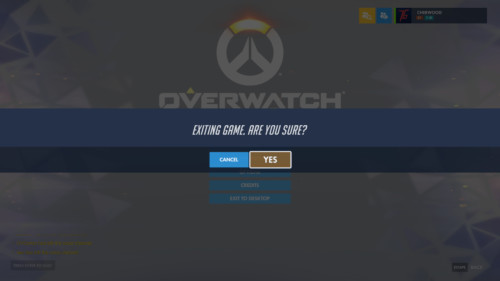 Exiting game screenshot of Overwatch video game interface.