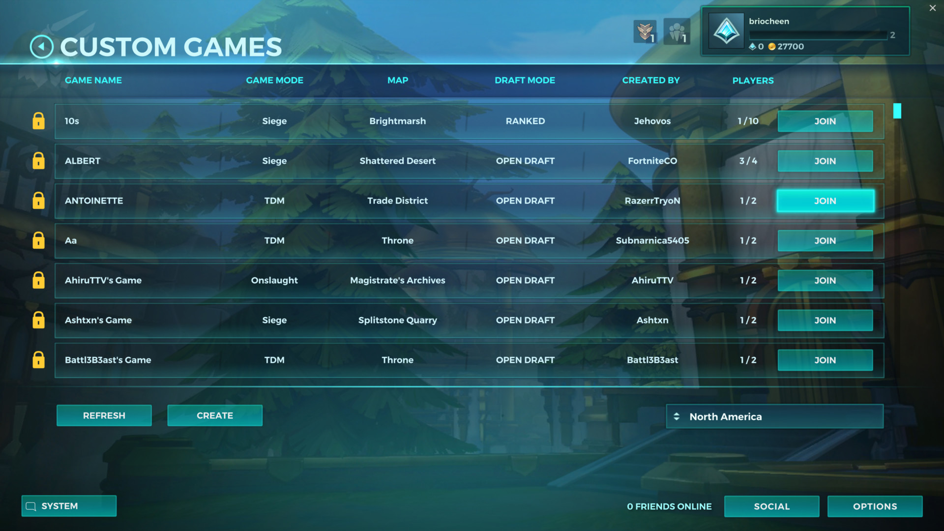 Custom games screenshot of Paladins: Champions of the Realm video game interface.