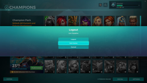 Exit game screenshot of Paladins: Champions of the Realm video game interface.