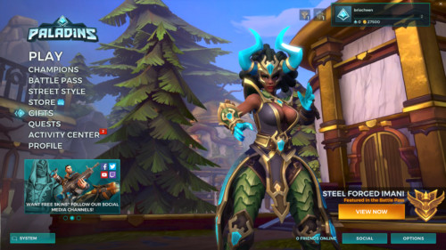 Main menu screenshot of Paladins: Champions of the Realm video game interface.