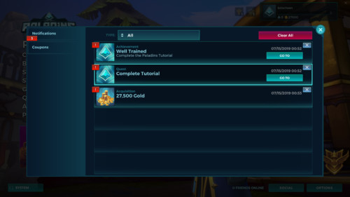 Notifications screenshot of Paladins: Champions of the Realm video game interface.