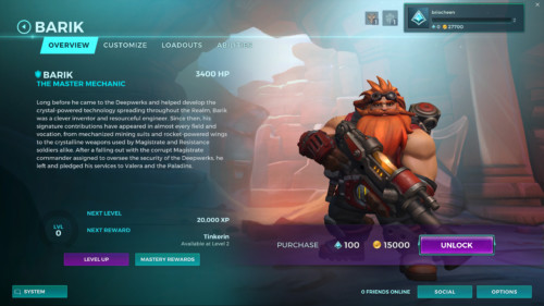 Overview character screenshot of Paladins: Champions of the Realm video game interface.