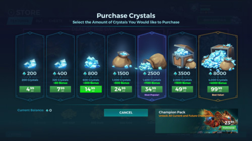 Purchase crystals screenshot of Paladins: Champions of the Realm video game interface.