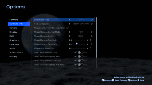 Controls screenshot of Pragmata video game interface.