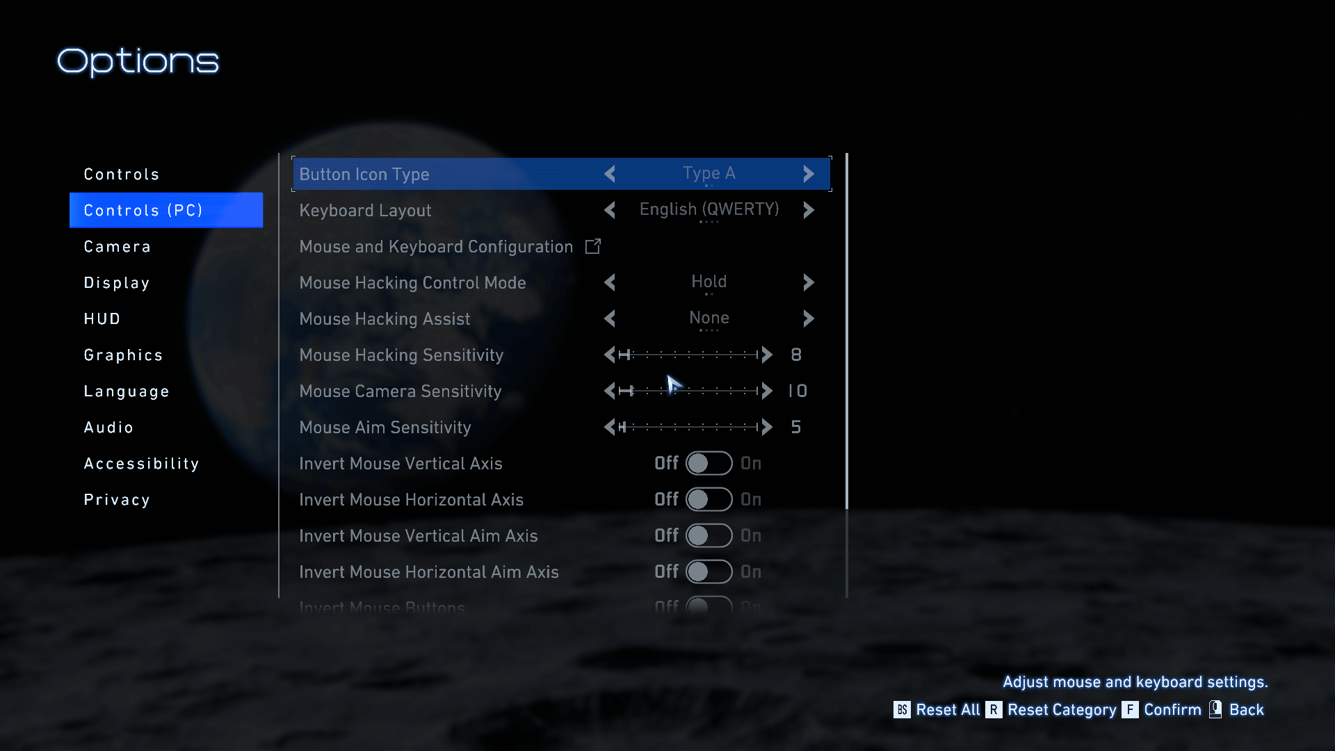Controls screenshot of Pragmata video game interface.