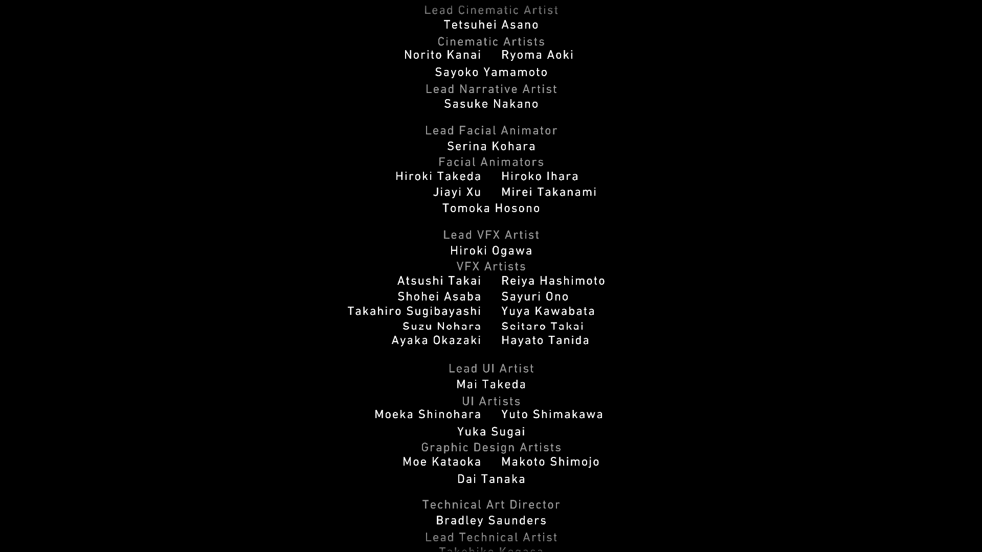 Credits screenshot of Pragmata video game interface.