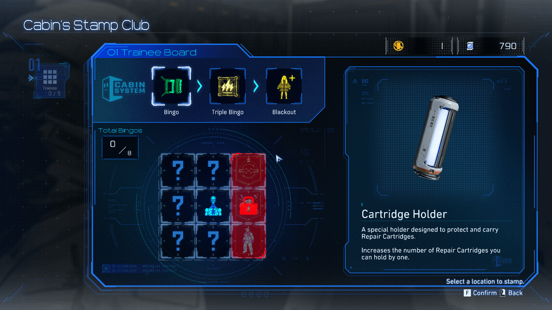 Cabin Stamp screenshot of Pragmata video game interface.